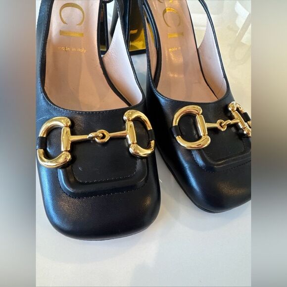 GUCCI Baby Horsebit Slingback Leather Pump Black Gold EU 40.5 US 10.5 Authentic - Picture 2 of 10